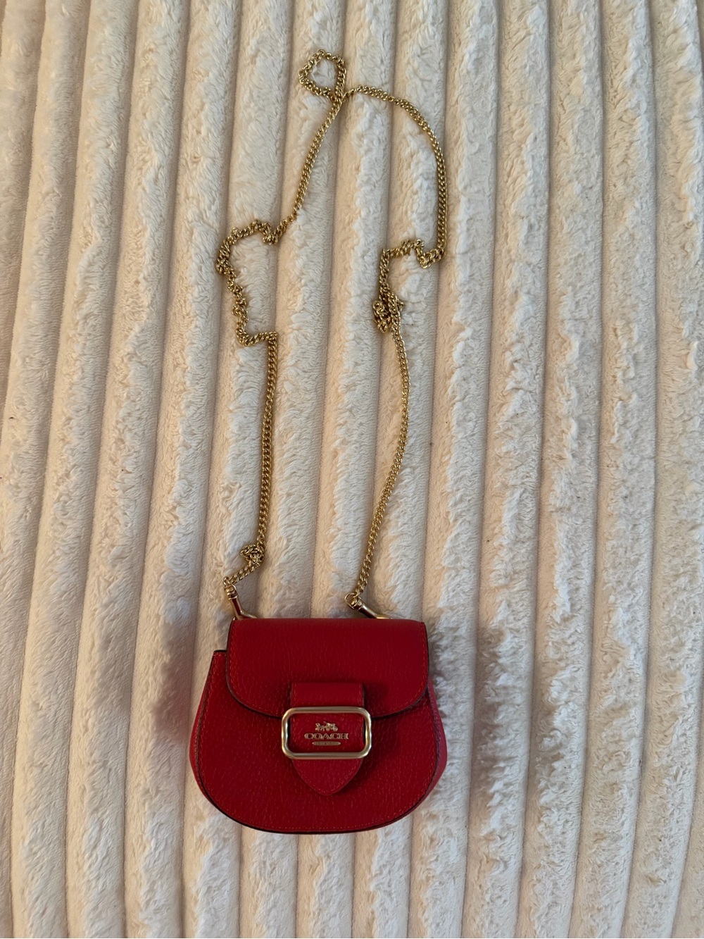 Coach Red Pebbled Mini Saddle Crossbody with Gold Chain Strap